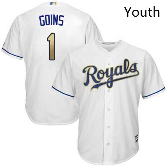 Youth Majestic Kansas City Royals 1 Ryan Goins Replica White Home Cool Base MLB Jersey